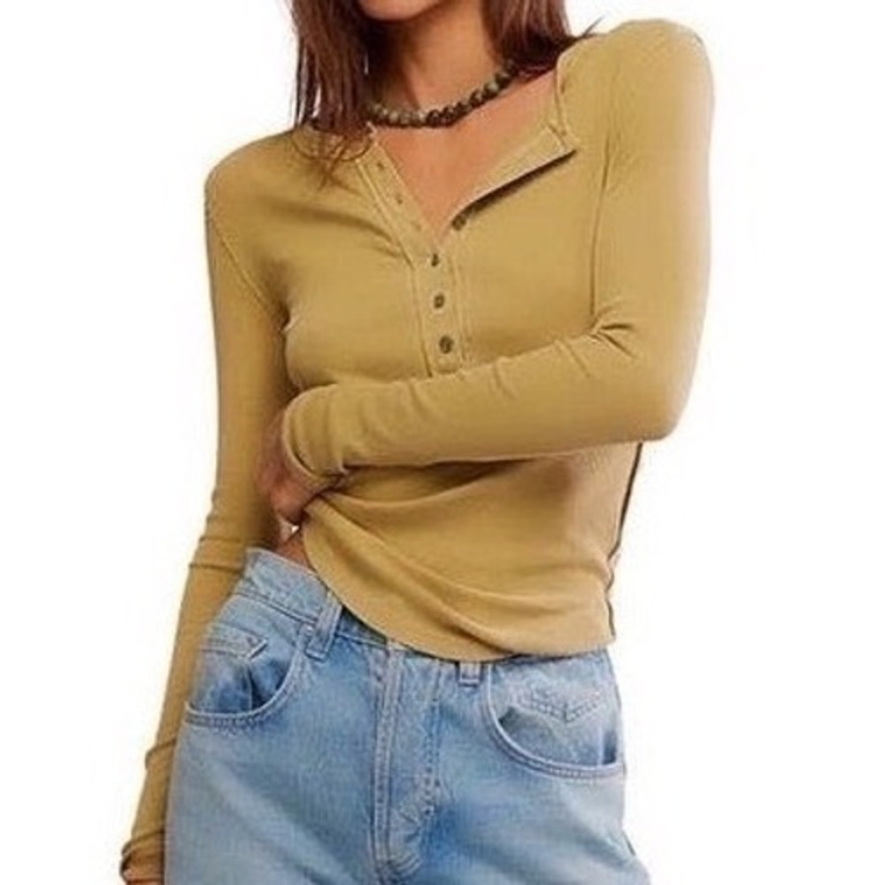Free People Jaime Long-Sleeve Henley Top, Ribbed Cotton, Dried Tobacco, BNWT